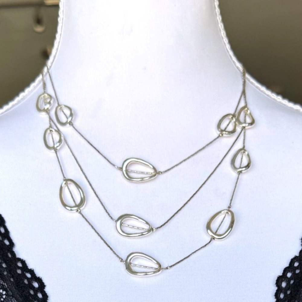 Crown Trifari Triple Layer Necklace Oval Charm Silver Vintage Costume Jewelry